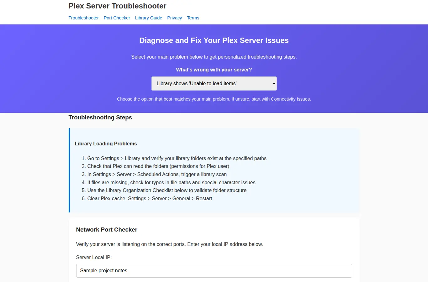 Screenshot of Plex Server Troubleshooter interface showing the project page in use